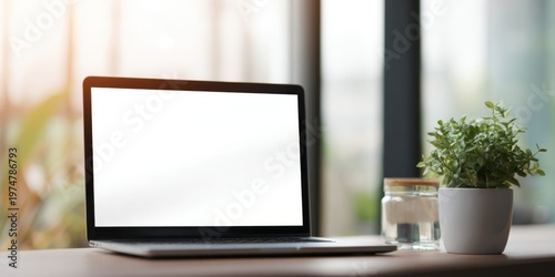 The Laptop on a Bright Modern Workspace with Plant and Glass Jar