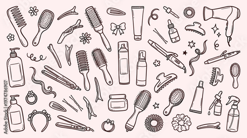 Hand drawn doodle illustration of hair styling tools and accessories on a pink background, perfect for beauty blogs and salon marketing