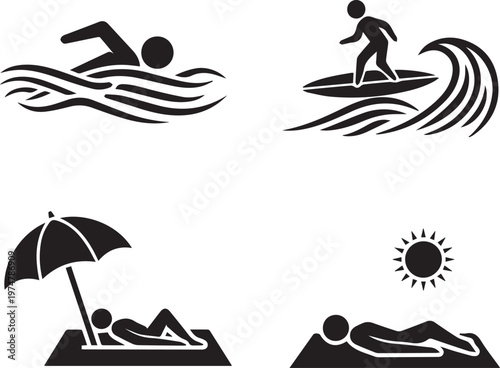 Summer beach activity icons set featuring swimming surfing sunbathing under umbrella and relaxing in sun minimalist vector art.