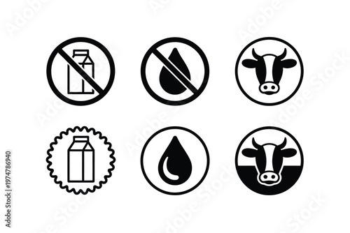 Dairy and non-dairy icons milk carton droplet cow head silhouettes modern flat vector illustration for food and beverage design.