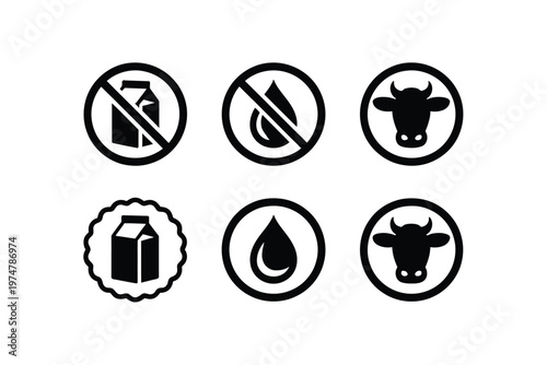 Dairy and non-dairy icons milk carton droplet cow head silhouettes modern flat vector illustration for food and beverage design.