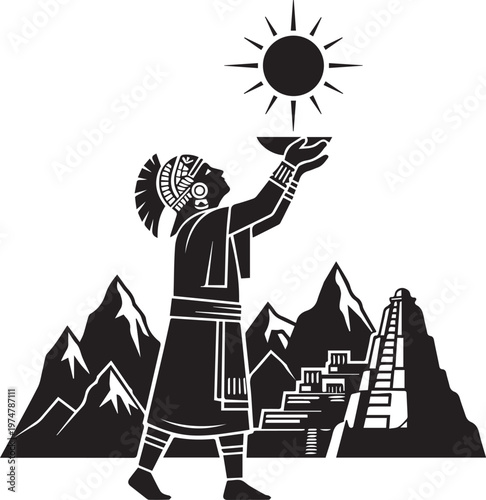 Ancient man offering bowl to sun with mountains and temple silhouette inca culture sun worship.
