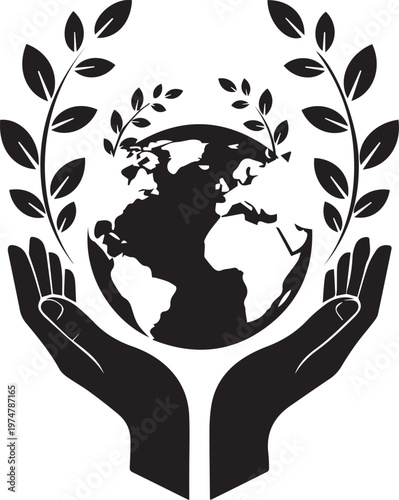 Hands holding globe with leaves silhouette protecting planet earth environmental protection conservation concept.