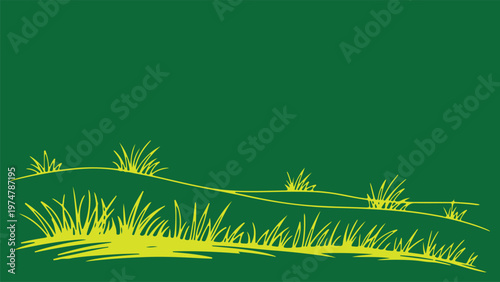A minimalist landscape featuring bright yellow hand-drawn grass tufts on stylized green rolling hills.