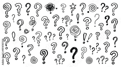 Collection of hand drawn question marks in various styles and sizes on a white background representing confusion curiosity and inquiry