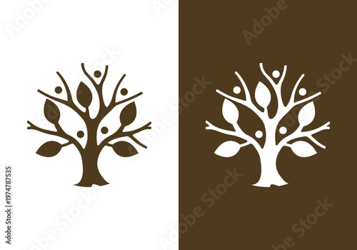 Nature logo vector design template, line drawing of tree and human or person inside circle, abstract tree and human logo symbol inside vector design.
