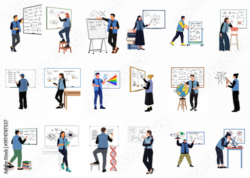 Set of flat vector illustrations of diverse students and researchers presenting various scientific concepts like physics, astronomy, and biology on whiteboards.