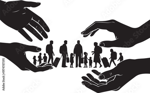 Migrant family silhouettes protected by large caring hands showing support for refugees and immigrants seeking safety and asylum.