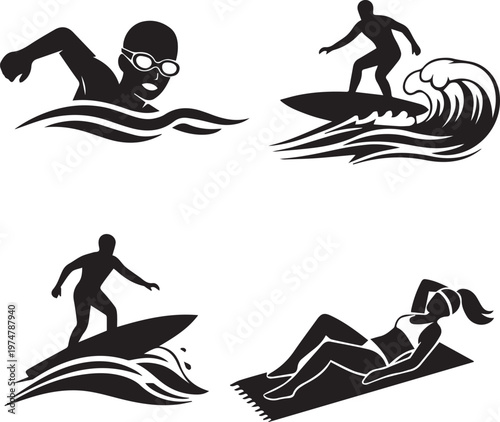 Active water sports silhouette set featuring swimmer surfing athletes and woman sunbathing on beach towel for summer leisure.