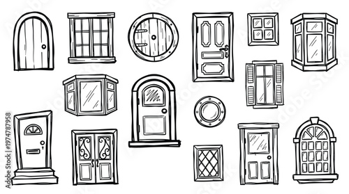 Collection of hand-drawn doors and windows in various styles and shapes, architectural elements for design and illustration