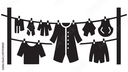 Simple Black Silhouette Illustration of Various Clothes Hanging on an Outdoor Clothesline with Clothespins for Drying Laundry.