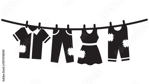 Simple black silhouette illustration of mended and patched clothes hanging on a laundry line with clothespins, symbolizing poverty, sustainability, or vintage fashion.