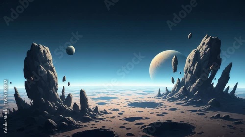 Abstract illustration of a landscape with rocky formations and planets in the sky