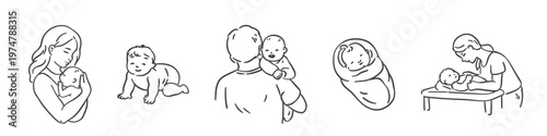 Hand-drawn minimalist doodle set of parenting scenes: mother with newborn, crawling baby, father with child, and swaddling. Simple line art for nursery and family themes.