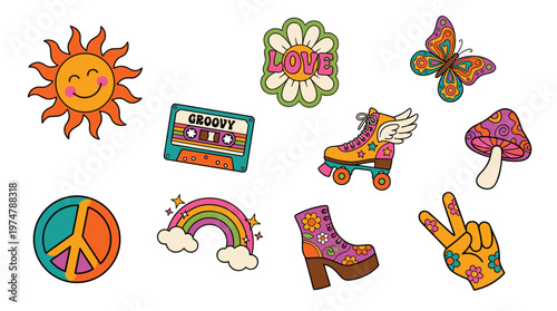 Retro 70s groovy vibe sticker pack featuring sun butterfly cassette tape roller skate peace sign rainbow mushroom and groovy flower design elements