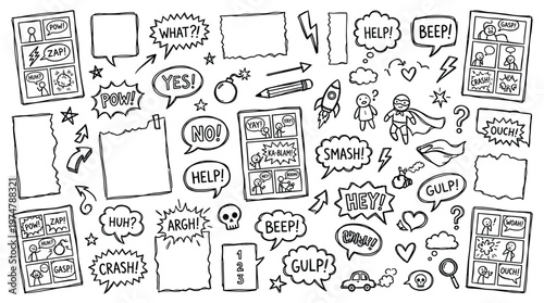 Hand drawn comic book elements speech bubbles sound effects action words and panels for creative design and storytelling