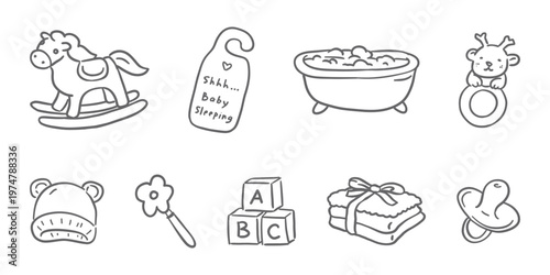 Hand-drawn minimalist doodle set of baby essentials: rocking horse, "Baby Sleeping" sign, bathtub, rattle, hat, alphabet blocks, and pacifier. Simple line art for nursery and childcare themes.