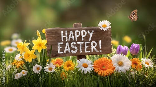 A festive Easter-themed illustration featuring a wooden sign with the handwritten-style text Happy Easter! in white, placed in lush green grass. 