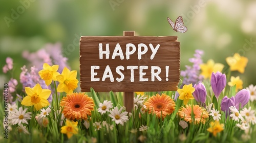 A festive Easter-themed illustration featuring a wooden sign with the handwritten-style text Happy Easter! in white, placed in lush green grass. 
