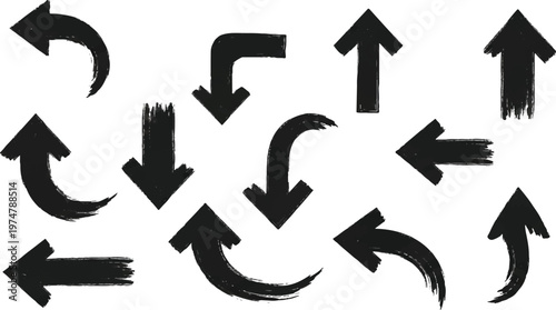 A high-impact collection of thick black hand-drawn arrows featuring a textured brush stroke aesthetic on a white background.