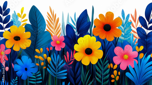 Vibrant and Stylized Floral Garden Border Illustration with Bright Yellow, Orange, Pink, and Blue Flowers amidst Lush Deep Blue and Teal Foliage on White Background