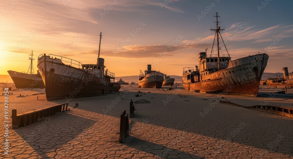 Fototapeta premium Abandoned rusty ships rest on the cracked earth of a dried lake bed at sunset.