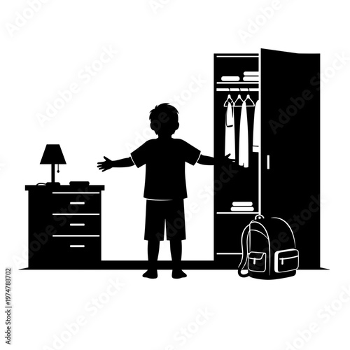 A simple black silhouette illustration showing a boy in a room with arms wide open, standing between a dresser and an open closet. The scene captures the daily routine of getting dressed, with copy sp
