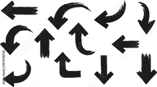 A high-impact collection of thick black hand-drawn arrows featuring a textured brush stroke aesthetic on a white background.