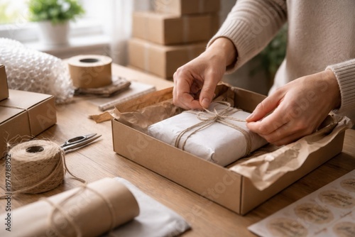Close-up of hands securing a wrapped product inside a kraft box with twine. Warm natural light, clean composition, and strong ecommerce and sustainable packaging concept.