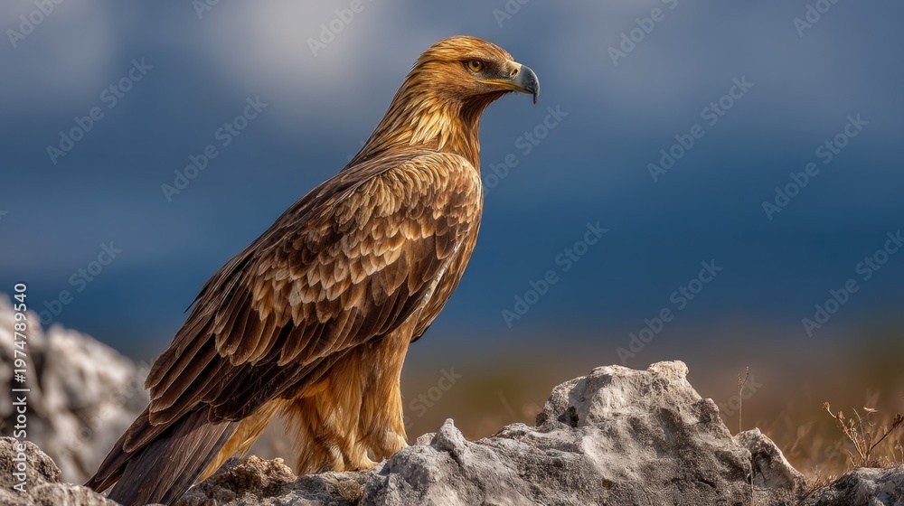 Fototapeta premium Golden eagle perched on rocky terrain with dramatic mountain background and strong copy space