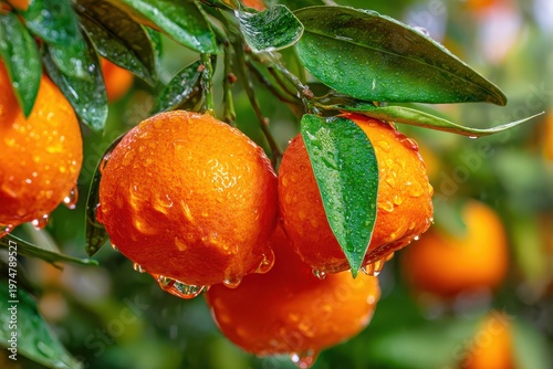 Close-up of ripe juicy oranges covered in water droplets hanging from a lush green leafy branch on a sunny day outdoors with soft diffused lighting and a blurred natural background suggesting a fruit