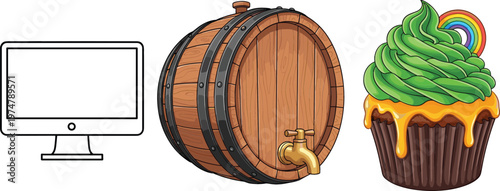 Computer monitor wooden barrel with tap and colorful cupcake dessert collection vector illustration featuring technology storage and sweet bakery food concepts