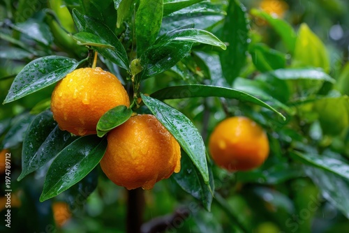Close Up Of Ripe Orange Citrus Fruits Hanging From A Tree Branch With Lush Green Leaves After A Refreshing Rain Shower With Water Droplets Clinging To The Spherical Orbs In Soft Natural Light