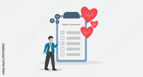 Flat vector illustration of health insurance concept with checklist form, businessman, and heart icons. Ideal for medical coverage, healthcare planning, insurance services, and protection concepts.