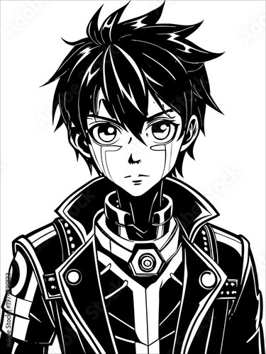 Manga Style Boy Black White Portrait Vector