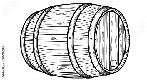 Rustic Wooden Barrel Vector, Wine or Whiskey Cask with Metal Hoops Illustration