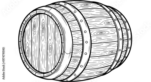 Rustic Wooden Barrel Vector, Wine or Whiskey Cask with Metal Hoops Illustration
