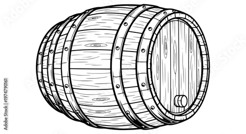 Rustic Wooden Barrel Vector, Wine or Whiskey Cask with Metal Hoops Illustration