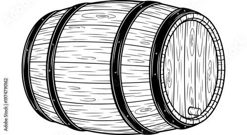 Rustic Wooden Barrel Vector, Wine or Whiskey Cask with Metal Hoops Illustration