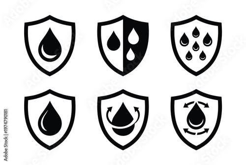Waterproof shield icon water resistant protection liquid drop symbol simple flat vector illustration