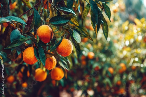 Close-up Of Ripe Oranges Hanging On A Branch With Lush Green Leaves Under Warm Sunlight In An Orchard