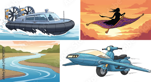 Collage of different modes of transportation and fantasy with transportation methods flying machine transport transportation hovercraft illustration futuristic landscape imagination movement
