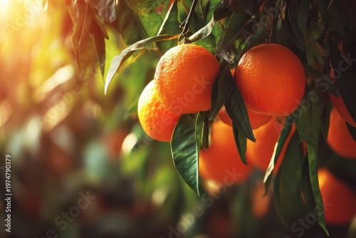 Close up of Ripe Oranges Hanging on a Tree Branch Bathed in Golden Sunlight with Soft Green Foliage Background