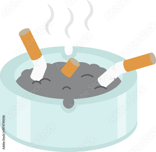 Minimal flat vector illustration of a glass ashtray filled with cigarette butts and ash, with smoke rising. Concept of smoking addiction, pollution, unhealthy lifestyle, and tobacco waste.