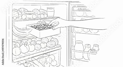 Hand reaching into a refrigerator to pick up a box of blueberries