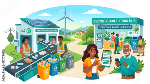 Diverse people using eco rewards app at recycling collection hub with wind powered sorting