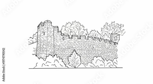 Line drawing of an ancient stone castle wall with crenellations and trees