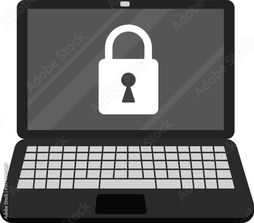 Vector illustration of a laptop with a padlock icon displayed on the screen, symbolizing cybersecurity, data protection, privacy, and secure access. 