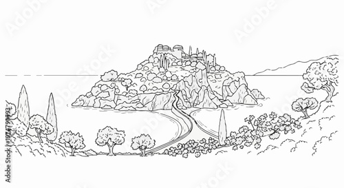Scenic coastal scene with a village perched atop a rocky island