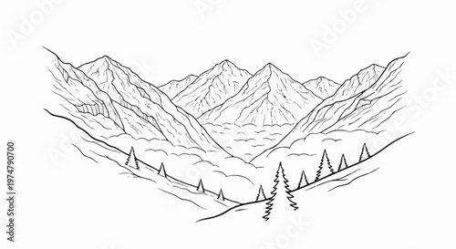 A dramatic mountain range with a valley filled with clouds and scattered pine trees